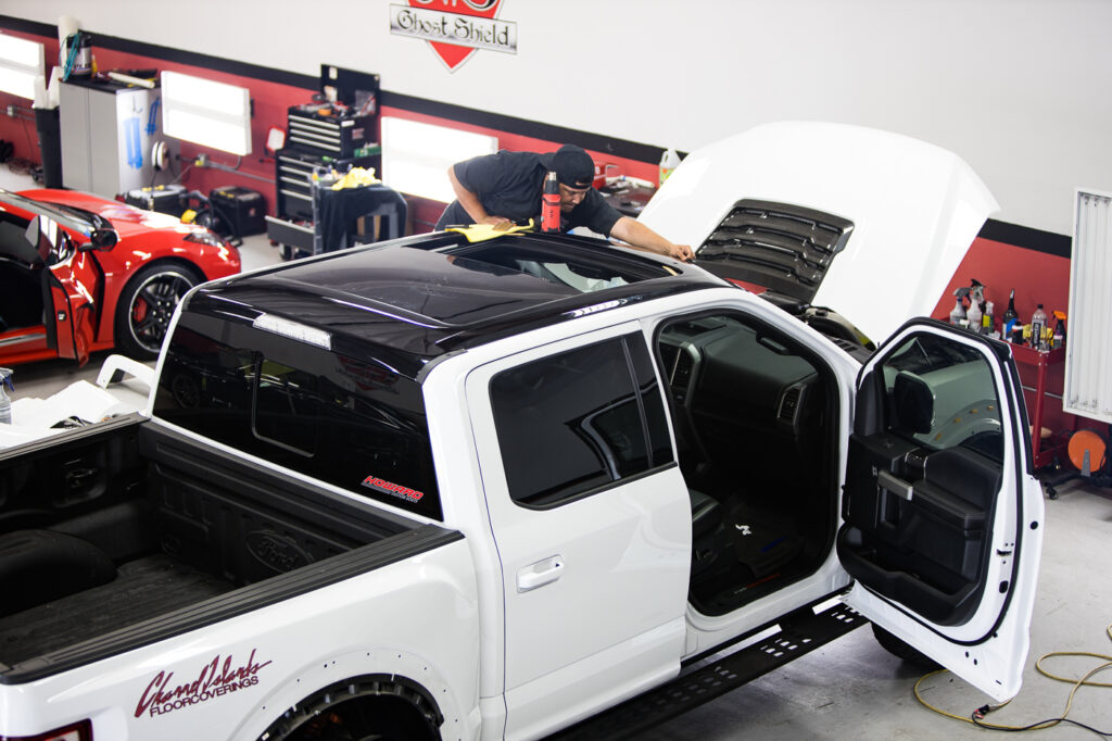 Accenting a Ford F150 with Black Paint Protection Film on Roof at Ghost Shield Film in Thousand Oaks.