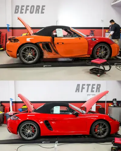 Before and after Red Paint Protection Film on Porsche STEK