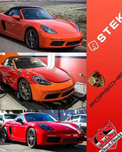 Before and after Red Paint Protection Film on Porsche STEK